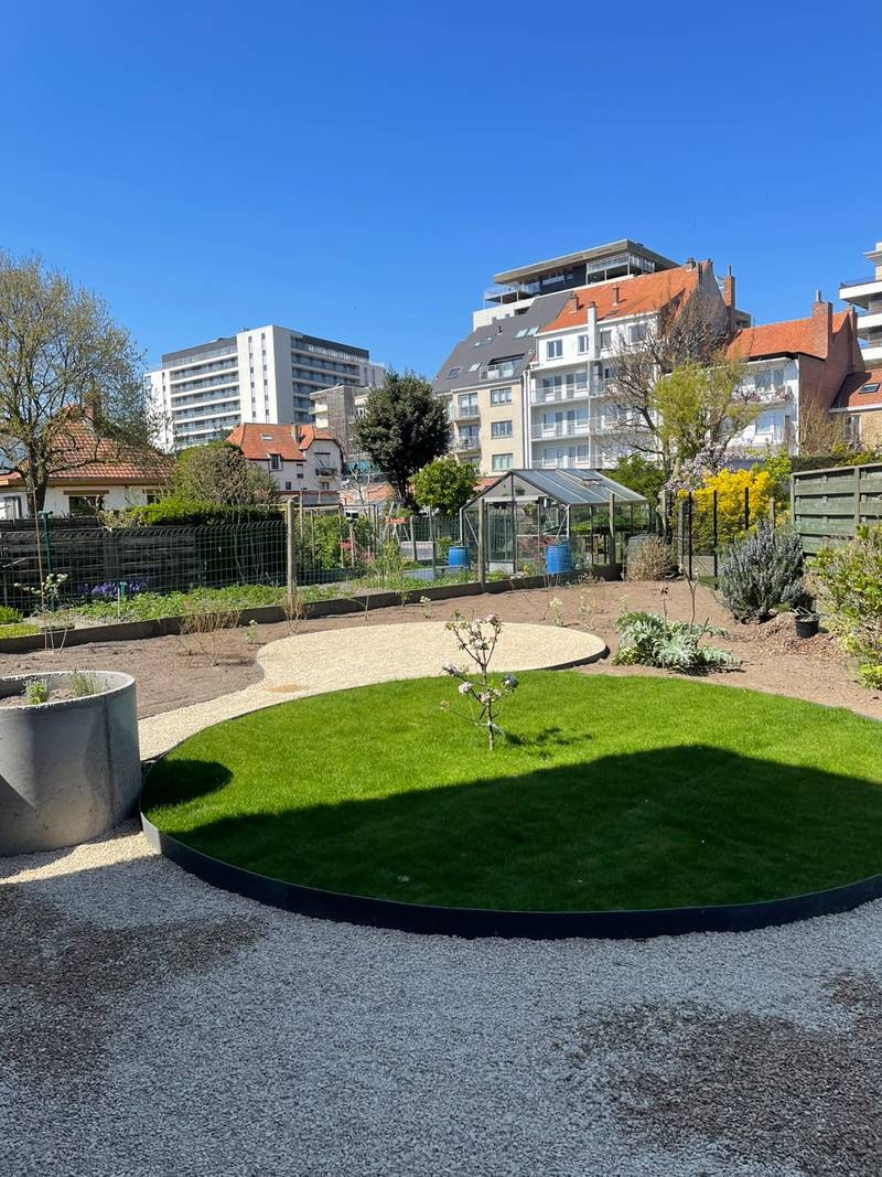 Aangelegde tuin met een rond gazon in stalen boordafwerking, lichte grindvlakken en een betonnen plantenbak